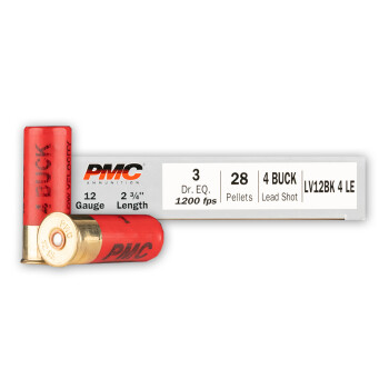LE 12 ga Ammo For Sale - 2-3/4" #4 Buck Low Velocity 28 Pellet Ammunition by PMC - 5 Rounds