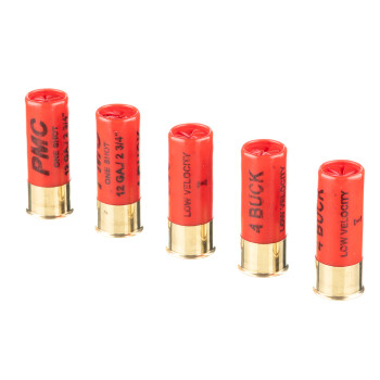 LE 12 ga Ammo For Sale - 2-3/4" #4 Buck Low Velocity 28 Pellet Ammunition by PMC - 5 Rounds