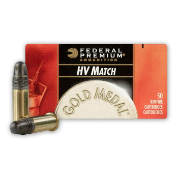 Premium 22 LR Ammo For Sale - 40 Grain Solid Point (LRN) Ammunition in Stock by Federal Gold Metal High Velocity Match - 50 Rounds