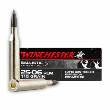Premium 25-06 Ammo For Sale - 115 Grain Polymer Tip Ammunition in Stock by Winchester Ballistic Silvertip - 20 Rounds