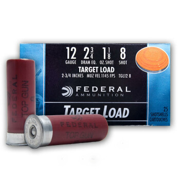 12 Gauge Ammo - 2-3/4" Lead Shot Target shells - 1-1/8 oz - #8 - Federal Top Gun - 25 Rounds
