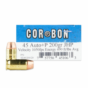 45 ACP +P Ammo - Corbon 200 Grain JHP - 20 Rounds