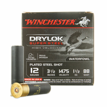 Premium 12 Gauge Ammo For Sale - 3-1/2” 1-1/2oz. BB Steel Shot Ammunition in Stock by Winchester DryLok Super Steel - 25 Rounds