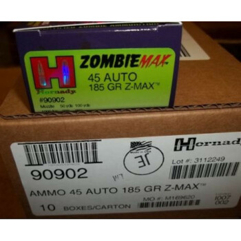 45 ACP Zombie Defense Ammo For Sale - 185 gr JHP Zmax Hornady Ammunition In Stock - 20 Rounds