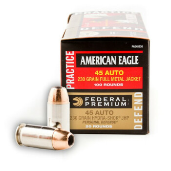 Premium 45 ACP Ammo For Sale - 230 gr Hydra Shok JHP & American Eagle FMJ Combo Pack - Federal Premium Ammunition In Stock - 120 Rounds