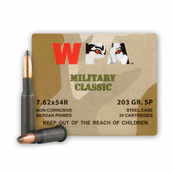 Cheap 7.62x54r Ammo For Sale - 203 Grain SP Ammunition in Stock by WPA Military Classic - 20 Rounds
