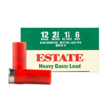 Cheap 12 Gauge Ammo For Sale - 2-3/4" 1-1/4 oz. #6 Shot Ammunition in Stock by Estate Heavy Game Load - 25 Rounds