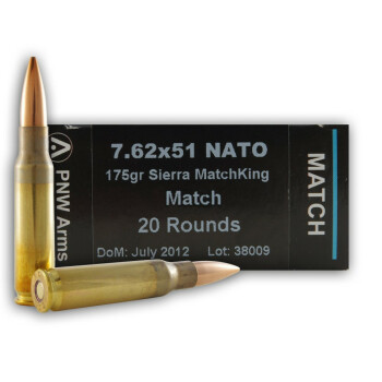 Premium Match Grade 7.62x51mm Sierra MatchKing PNW Arms 175 grain hollow point boat tail ammunition - 20 Rounds