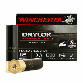 Premium 12 Gauge Waterfowl Ammo - Winchester Drylok Magnum Super Steel 3-1/2" 1-9/16 oz #3 Steel Shot - 25 Rounds