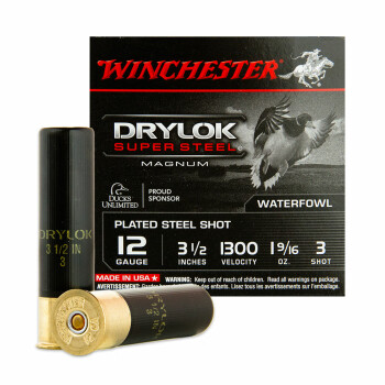 Premium 12 Gauge Waterfowl Ammo - Winchester Drylok Magnum Super Steel 3-1/2" 1-9/16 oz #3 Steel Shot - 25 Rounds