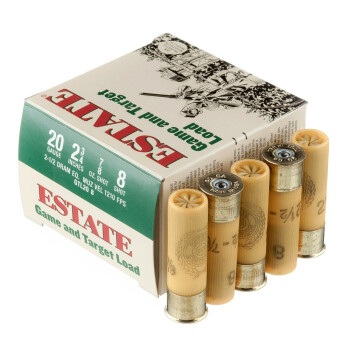 Cheap 20 Gauge Ammo For Sale - 2-3/4" 2-1/2 Dram 7/8 oz. #8 Shot Ammunition in Stock by Estate Game and Target - 25 Rounds