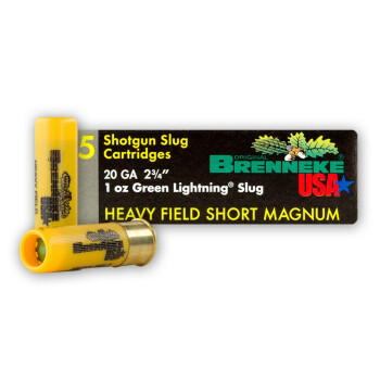 Premium 20Gauge Ammo For Sale - 2-3/4" 1 oz. Slug Ammunition in Stock by Brenneke Green Lightning - 5 Rounds