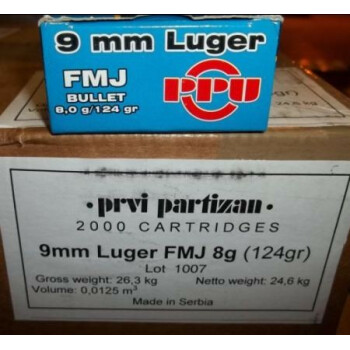9mm Luger Ammo For Sale - 124 gr FMJ Prvi Partizan Ammunition For Sale