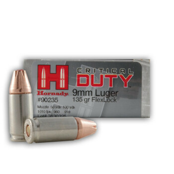 Cheap 9mm Hornady Critical Duty Ammo For Sale - 135 gr JHP FlexLock Hornady Ammunition In Stock - 50 Rounds