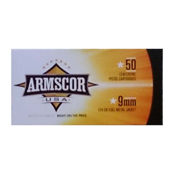 9mm Luger Ammo - Armscor USA 124 Grain FMJ - 50 Rounds