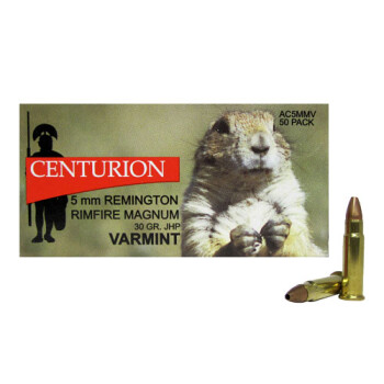 Cheap 5mm Rem Mag Ammo For Sale - 30 gr JHP Varnint Ammunition by Centurion - 50 Rounds