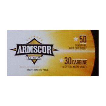 Cheap 30 Carbine Ammo For Sale - 110 Grain FMJ Ammunition in Stock by Armscor USA - 50 Rounds