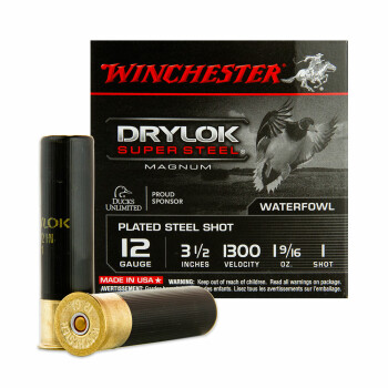 Premium 12 Gauge Waterfowl Ammo - Winchester Drylok Magnum Super Steel 3-1/2" 1-9/16 oz #1 Steel Shot - 25 Rounds