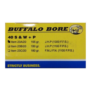 Premium 40 S&W Ammo For Sale -+P 155 Grain JHP Ammunition in Stock by Buffalo Bore - 20 Rounds