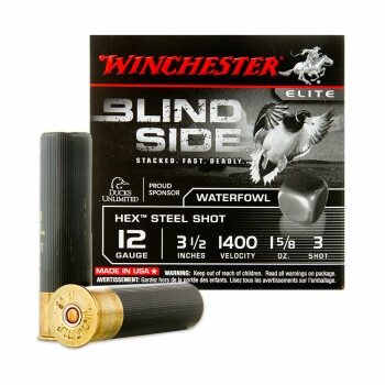 Premium 12 Gauge Ammo - Winchester Blind Side Elite Waterfowl 3-1/2" #3 Hex Steel Shot - 25 Rounds