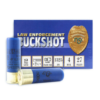 Bulk 12 ga LE Shells For Sale - 2-3/4" 27 pellet #4 Buck Law Enforcement Ammunition by NobelSport - 250 Rounds 