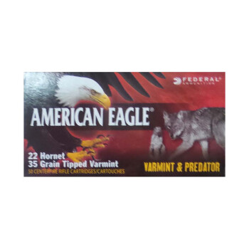 Premium 22 Hornet Ammo For Sale - 35 Grain Tipped Varmint Ammunition in Stock by Federal American Eagle Varmint & Predator - 50 Rounds