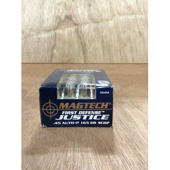 45 ACP +P Ammo For Sale - 165 gr SCHP - Magtech First Defense Justice Ammunition In Stock - 20 Rounds