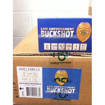 Cheap 12 ga LE Shells For Sale - 2-3/4" 27 pellet #4 Buck Law Enforcement Ammunition by NobelSport - 10 Rounds 