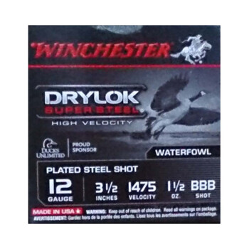 Premium 12 Gauge Ammo For Sale - 3-1/2" 1-1/2 oz. BBB Plated Steel Shot Ammunition in Stock by Winchester Drylok Super Steel HV - 25 Rounds