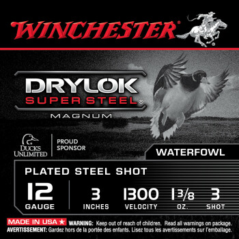Premium 12 Gauge Ammo For Sale - 1-3/8 oz 3" #3 Steel Shot Ammunition in Stock by Winchester DryLok Super Steel - 25 Rounds