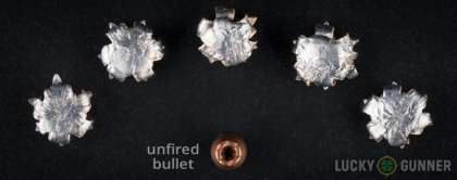 View from up above of fired Winchester .357 Sig bullets compared to an unfired round