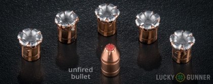 Image displaying fired .357 Sig rounds compared to an unfired bullet