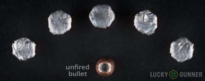 View from up above of fired Hornady .357 Sig bullets compared to an unfired round