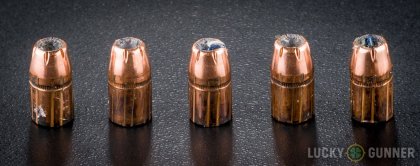 View from up above of fired Hornady .38 Special bullets compared to an unfired round