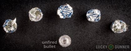 View from up above of fired Winchester .38 Special bullets compared to an unfired round