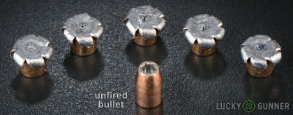 Line-up of Speer .40 S&W (Smith & Wesson) ammunition - fired vs. unfired