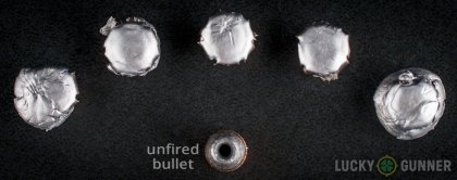 View from up above of fired Remington .357 Magnum bullets compared to an unfired round
