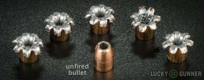 Line-up of Speer .45 ACP (Auto) ammunition - fired vs. unfired