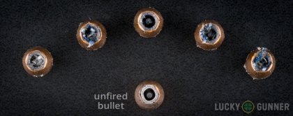 Image displaying fired .38 Special rounds compared to an unfired bullet