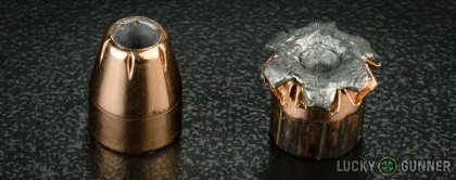 Side by side comparison of an unfired Hornady .45 ACP (Auto) bullet vs. the unfired round