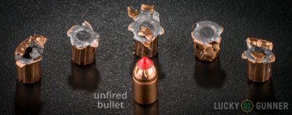 View from up above of fired Hornady .357 Magnum bullets compared to an unfired round