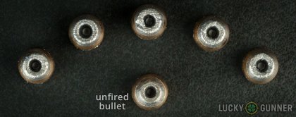 View from up above of fired Prvi Partizan .45 ACP (Auto) bullets compared to an unfired round