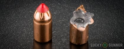 Side by side comparison of an unfired Hornady .357 Magnum bullet vs. the unfired round