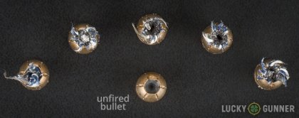 View from up above of fired Federal .380 Auto (ACP) bullets compared to an unfired round