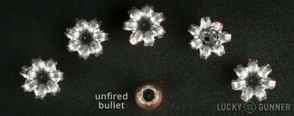 Side by side comparison of an unfired Speer .45 ACP (Auto) bullet vs. the unfired round