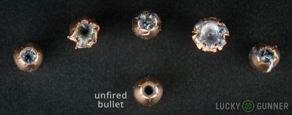 View from up above of fired Fiocchi .40 S&W (Smith & Wesson) bullets compared to an unfired round