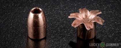Side by side comparison of an unfired Buffalo Bore .32 Auto (ACP) bullet vs. the unfired round