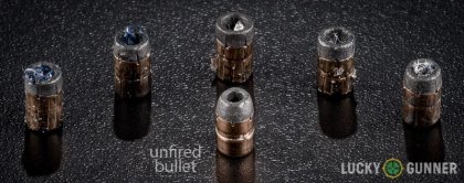 View from up above of fired Magtech .32 (Smith & Wesson) Long bullets compared to an unfired round