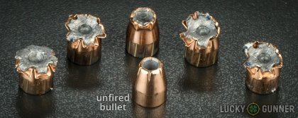 View from up above of fired Hornady .45 ACP (Auto) bullets compared to an unfired round