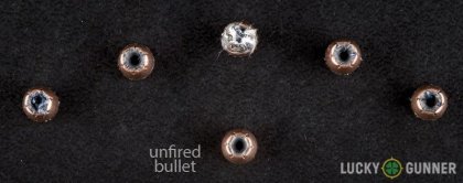 View from up above of fired Hornady .25 Auto (ACP) bullets compared to an unfired round